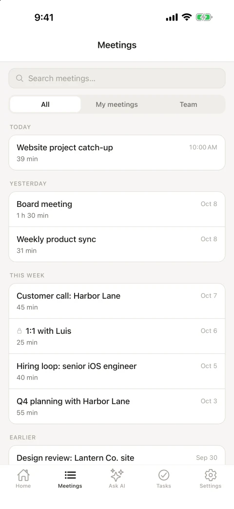 Meetings list grouped by day, with search and All, My meetings and Team scopes