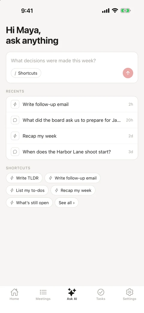 Ask AI: a question box, recent conversations and Shortcuts