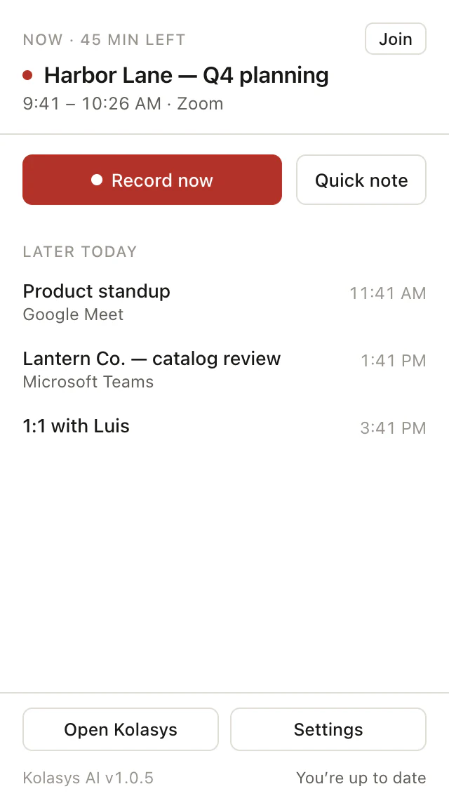 The Mac menu-bar popup: the meeting happening now with Join and Record now, then the rest of today